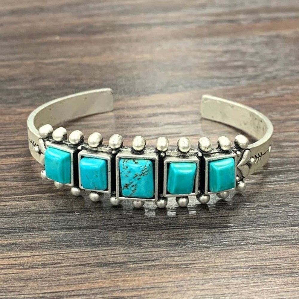 Square Turquoise Cuff Bracelet Western Boho Rodeo Silver Tone